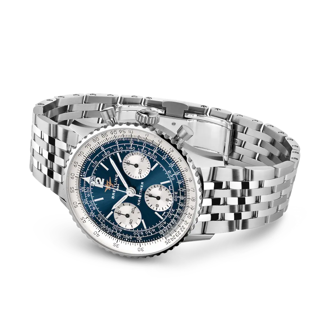 Black or blue dials with white subdials bring back the reverse-panda look of 1960s Navitimers